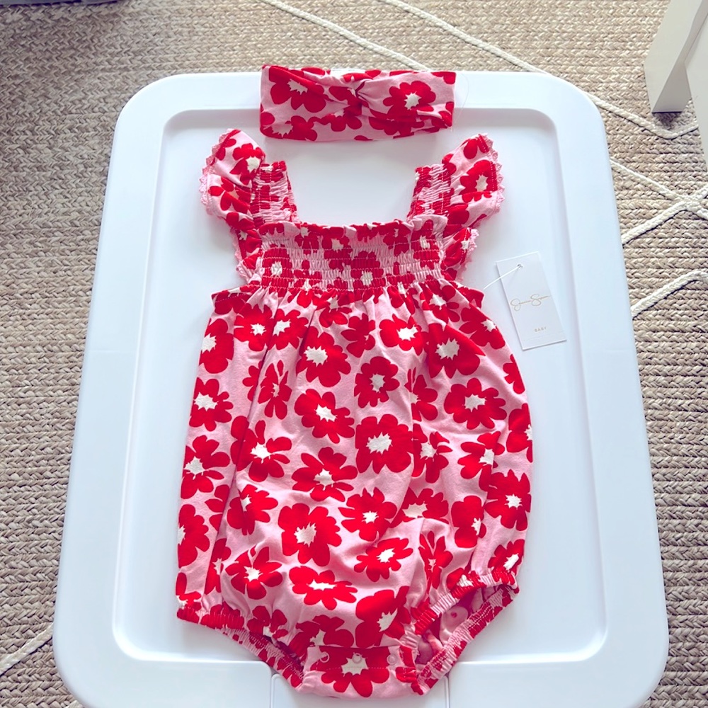 🌸Jessica Simpson Ditsy Floral Ruffle Romper Onesie Headband Set Pink Barbiecore